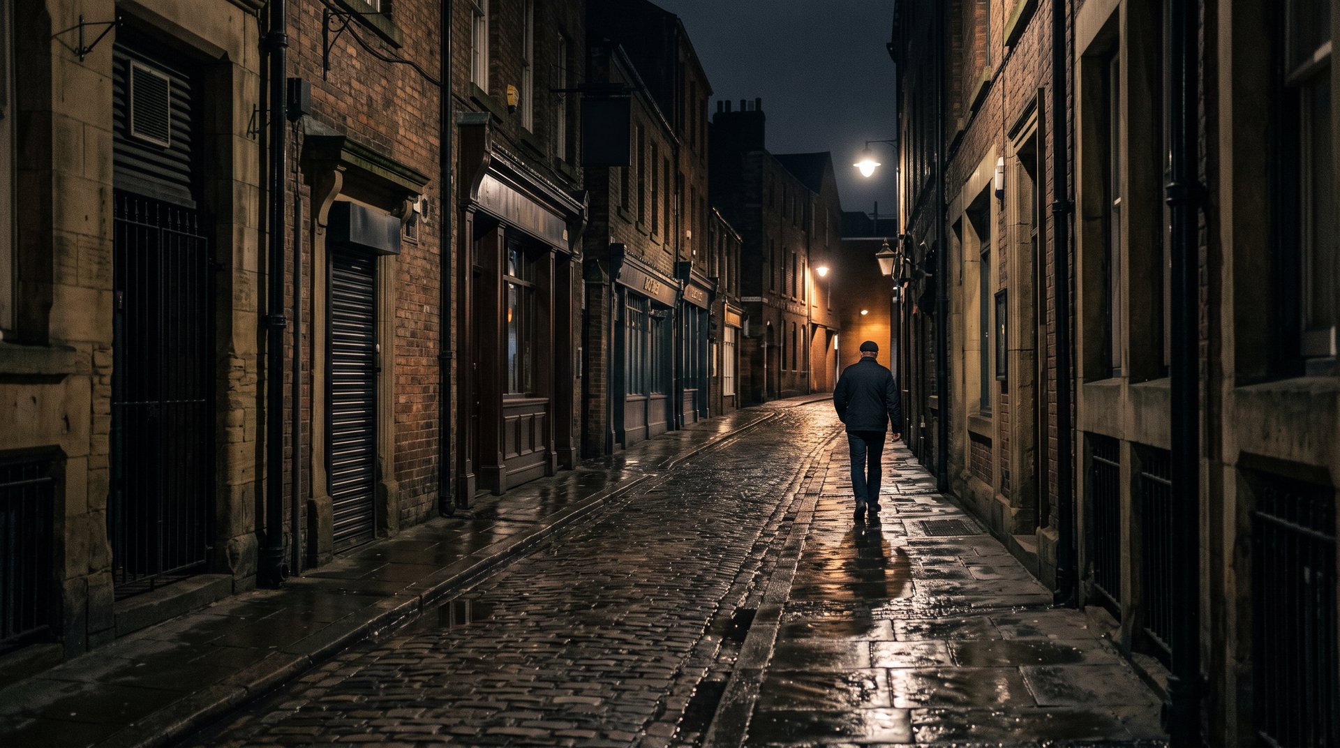 A rain-slick Leeds street at night, streetlights reflecting on wet cobblestones.